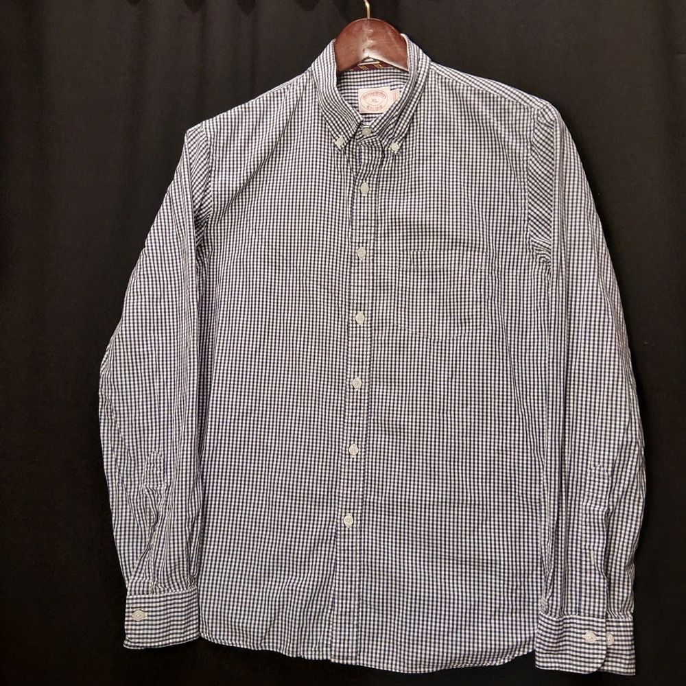 Brooks Brothers Mens XL Blue White Micro Gingham Check Button Down Shirt Cotton